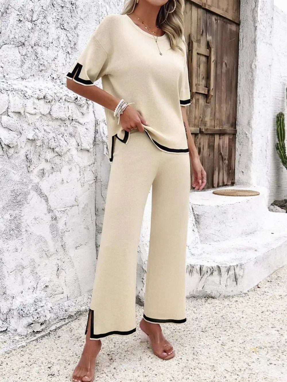 Contrast Trim Round Neck Top and Pants Set - Trendsi - Flyclothing LLC