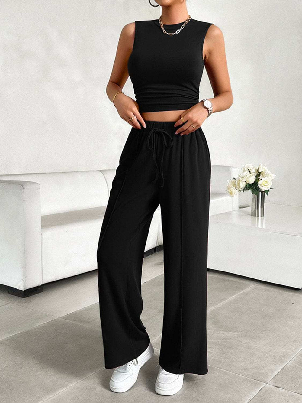 Mock Neck Sleeveless Top and Drawstring Pants Set - Trendsi - Flyclothing LLC