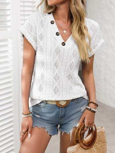 Openwork V-Neck Short Sleeve T-Shirt - Trendsi - Flyclothing LLC