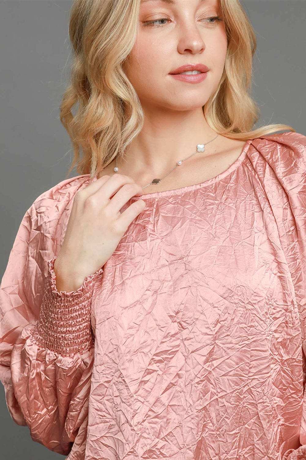 Umgee Wrinkled Round Neck Lantern Sleeve Blouse - Trendsi - Flyclothing LLC