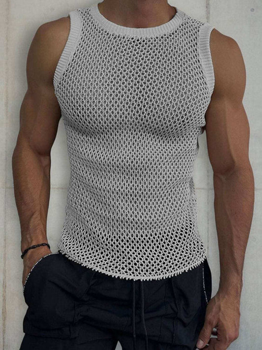 Men's Round Neck Hollow Out Sleeveless Knit Top - Trendsi - Flyclothing LLC