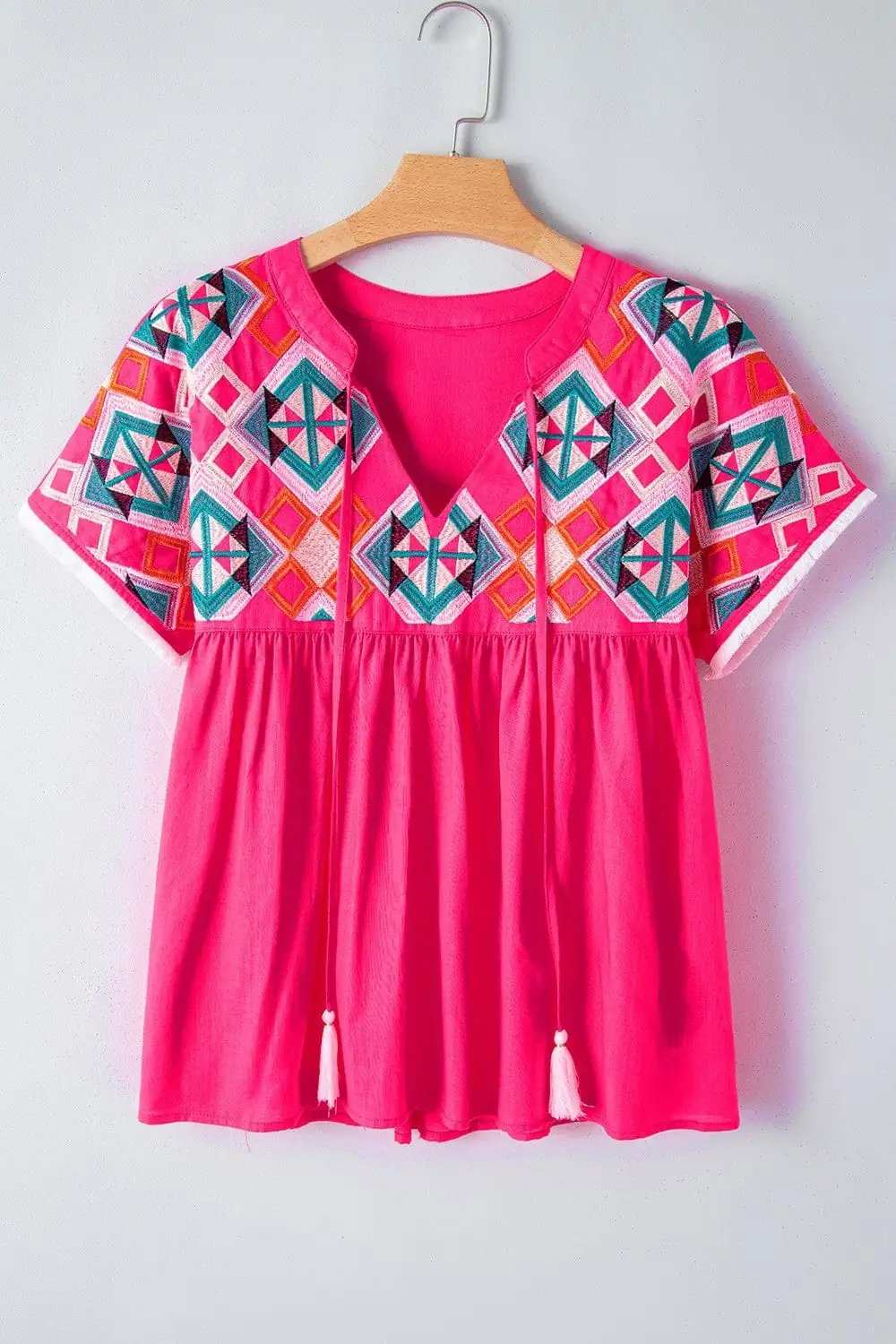 Geometric Embroidered Tassel Tie Neck Blouse - Trendsi - Flyclothing LLC