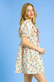Umgee Floral Print Puff Sleeve Tie Front Mini Dress - Trendsi - Flyclothing LLC