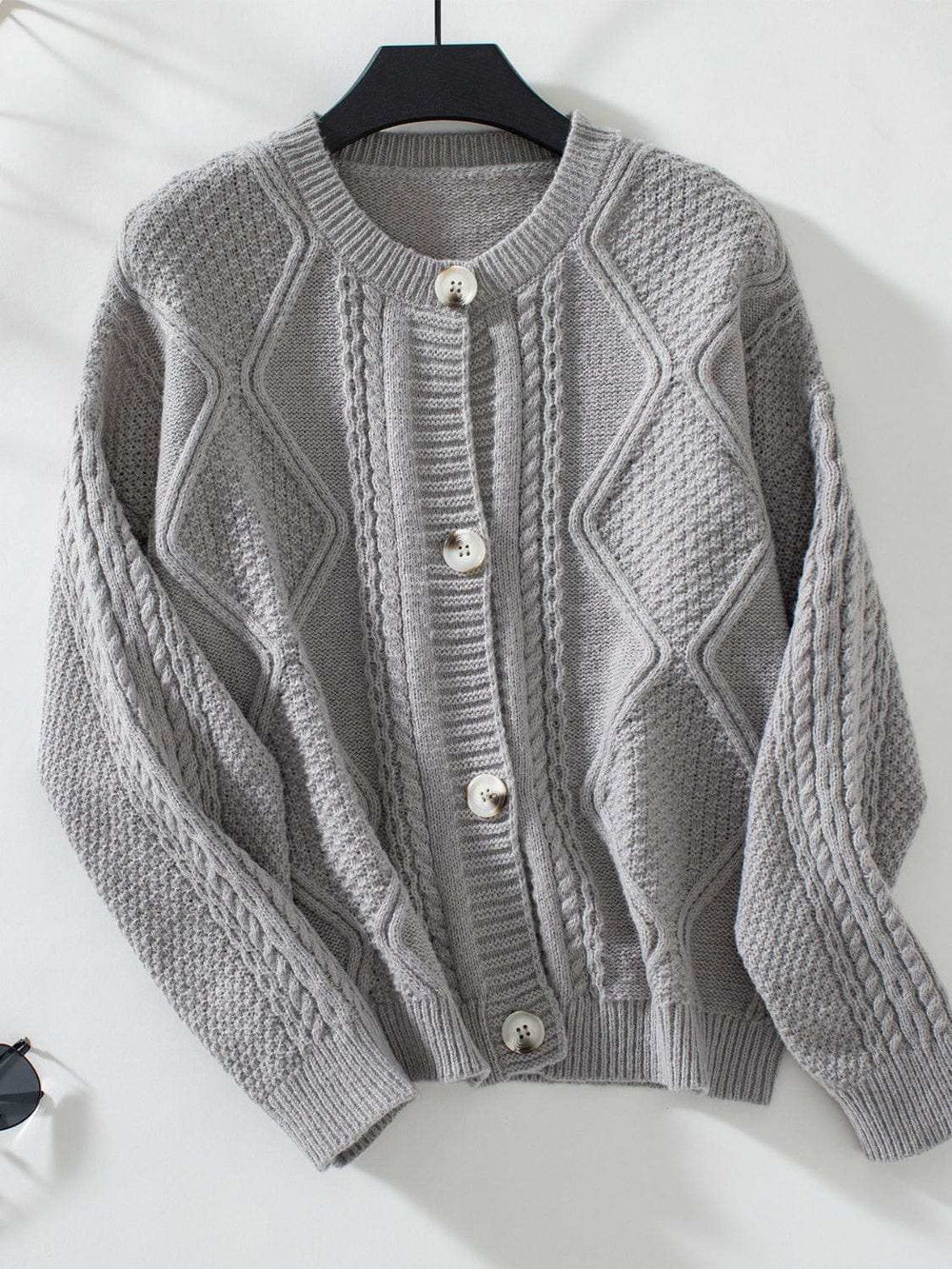 Cable-Knit Round Neck Button Up Cardigan - Trendsi - Flyclothing LLC