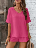 V-Neck Half Sleeve Top and Shorts Set - Trendsi - Flyclothing LLC