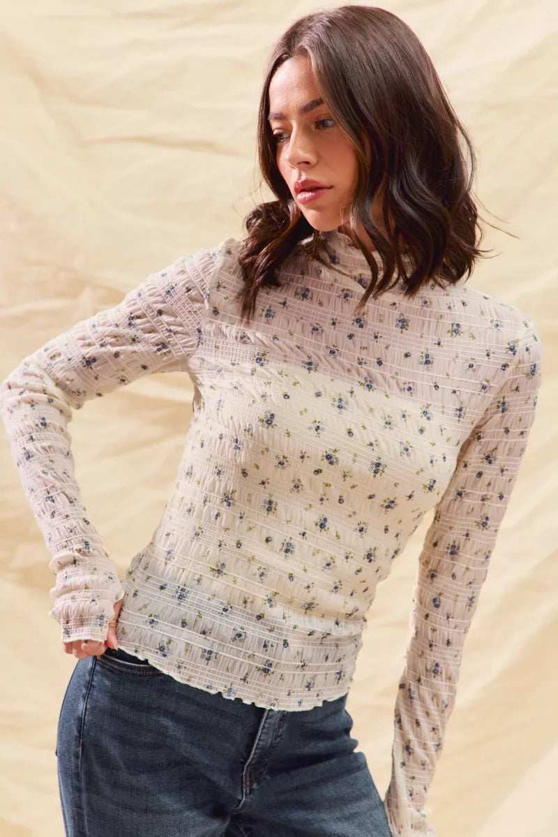 SO ME Floral Print Textured Long Sleeve Knit Top - Trendsi - Flyclothing LLC