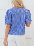 Stripe Tied Front Puff Short Sleeve Top - Trendsi - Flyclothing LLC