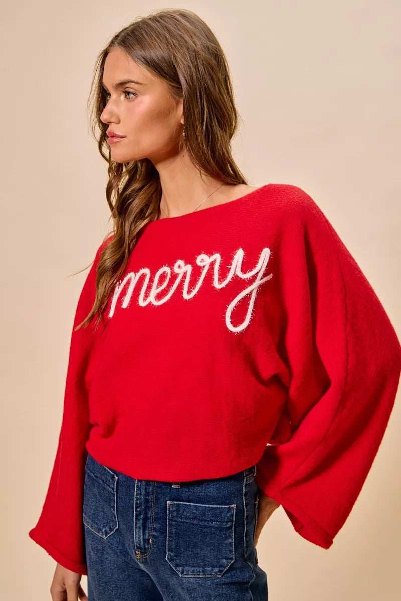 SO ME Merry Tinsel Lettering Christmas Sweater Top - Trendsi - Flyclothing LLC