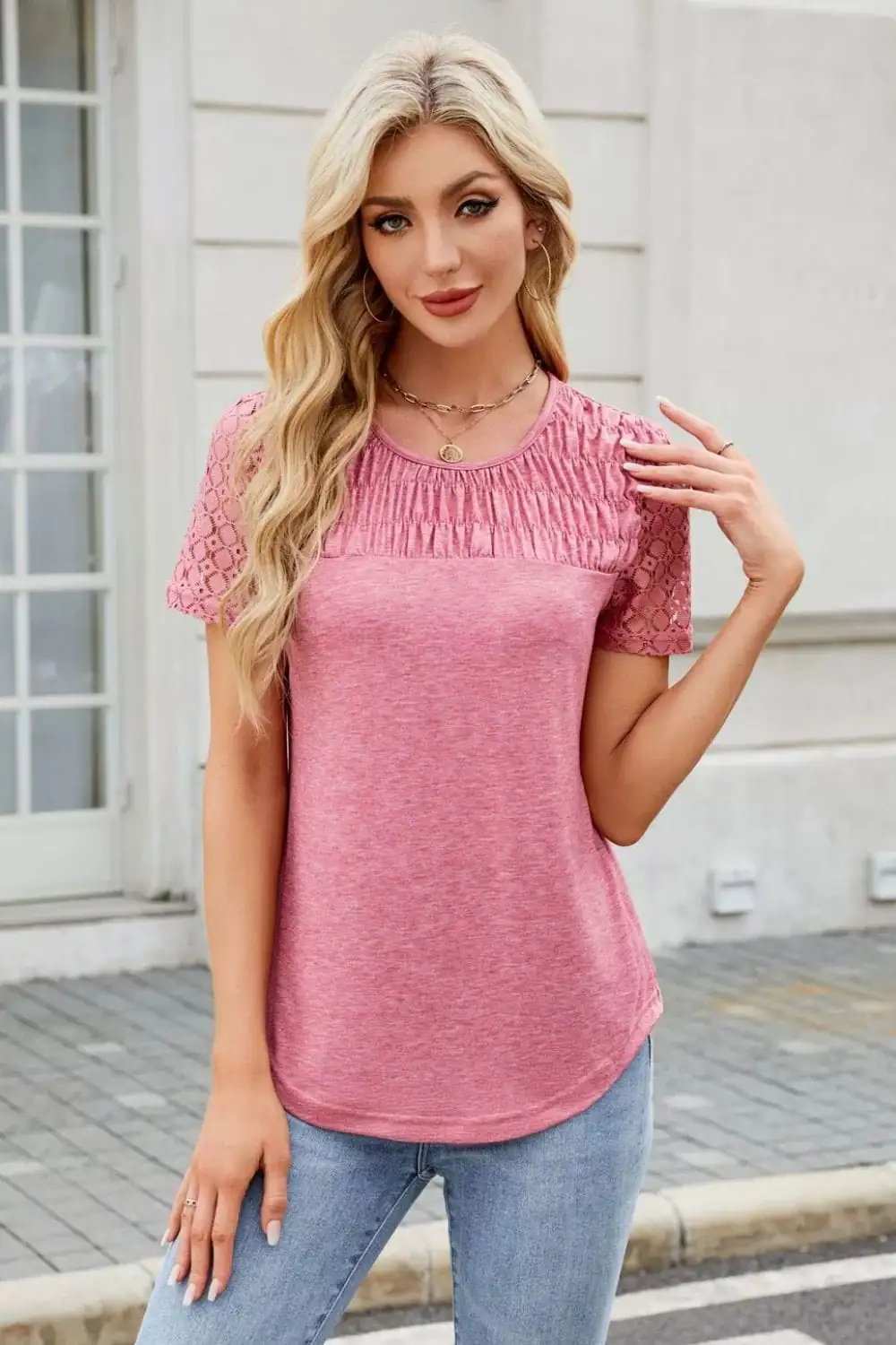 Smocked Round Neck Short Sleeve T-Shirt - Trendsi - Flyclothing LLC