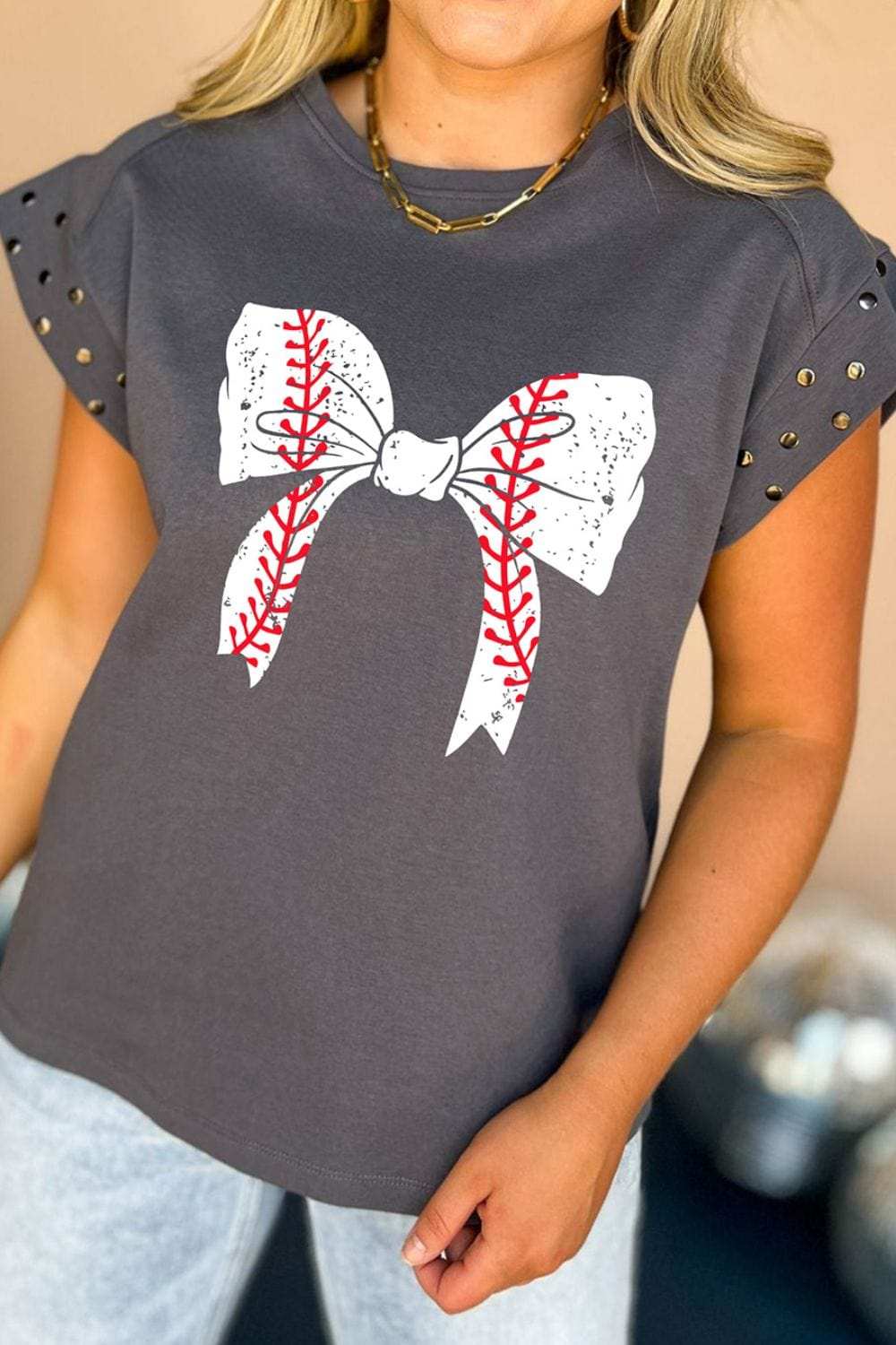 Studded Bow Graphic Round Neck Cap Sleeve T-Shirt - Trendsi - Flyclothing LLC