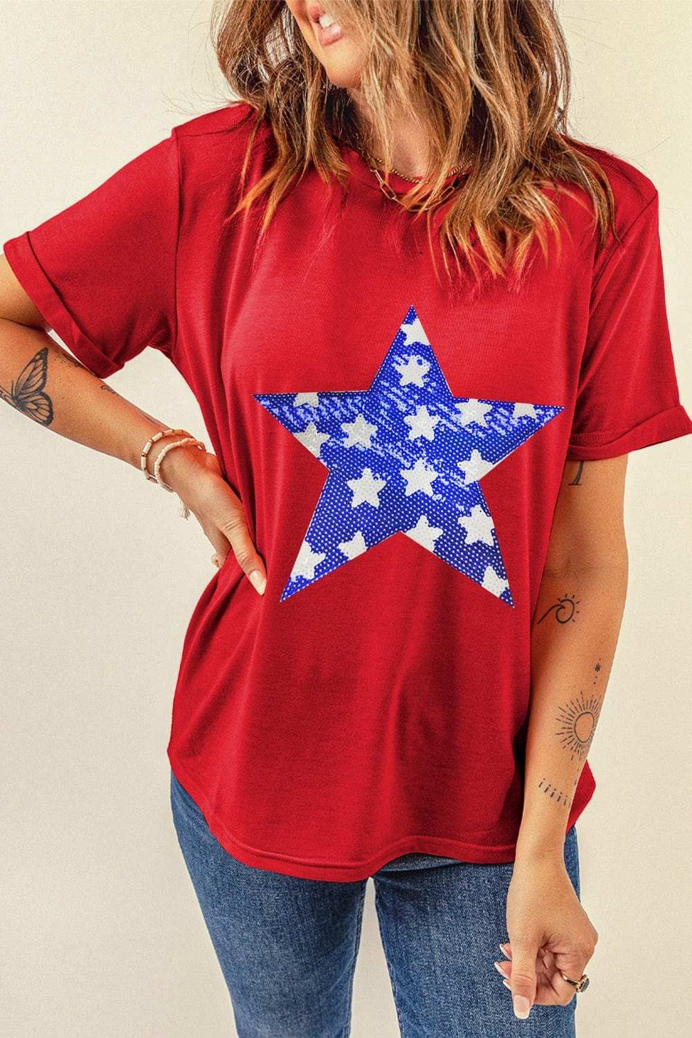 Sequin Star Round Neck Short Sleeve T-Shirt - Trendsi - Flyclothing LLC