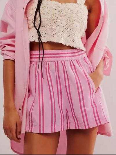 Striped Elastic Waist Shorts - Trendsi - Flyclothing LLC