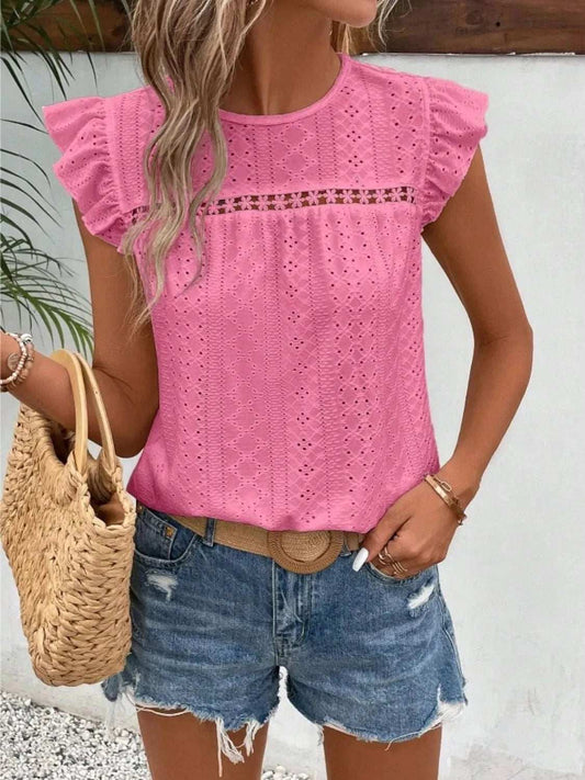 Eyelet Round Neck Cap Sleeve Top - Trendsi - Flyclothing LLC