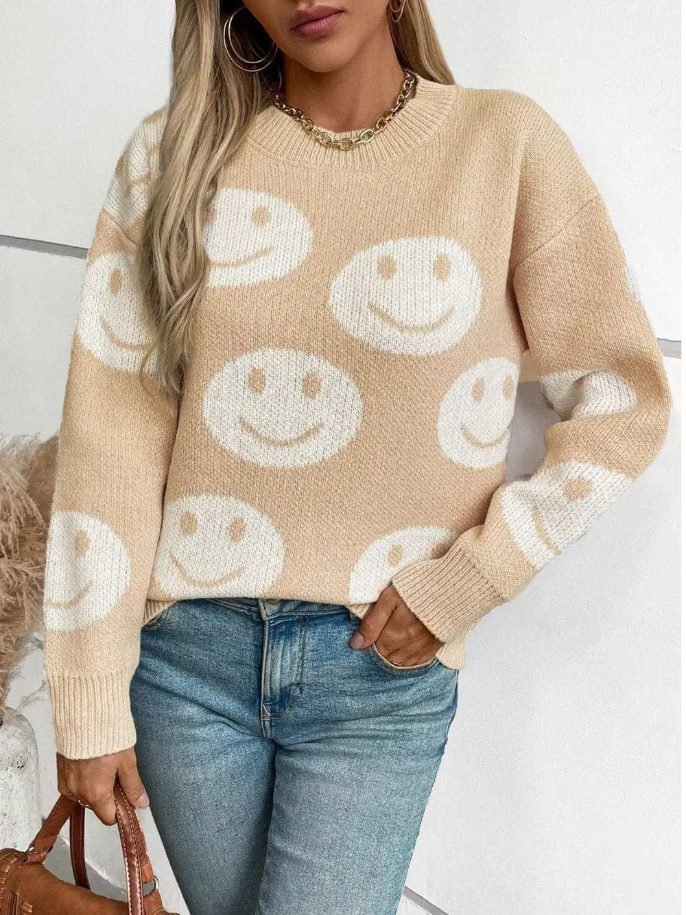 Smile Pattern Round Neck Long Sleeve Sweater - Trendsi - Flyclothing LLC