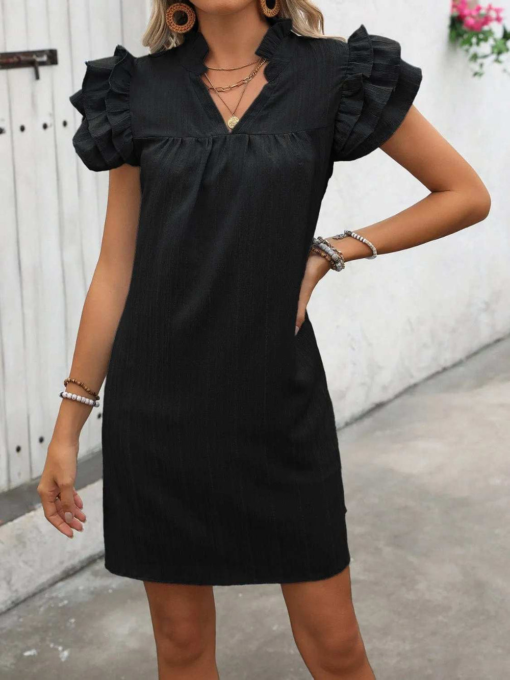 Ruffled Notched Cap Sleeve Mini Dress - Trendsi - Flyclothing LLC