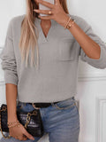 Pocketed Notched Long Sleeve Knit Top - Trendsi - Flyclothing LLC