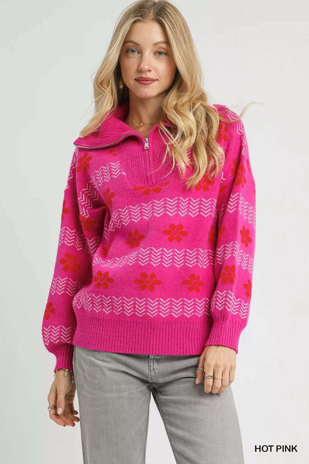 Umgee Floral Patterned Jacquard Quarter-Zip Pullover Sweater - Trendsi - Flyclothing LLC