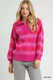 Umgee Floral Patterned Jacquard Quarter-Zip Pullover Sweater - Trendsi - Flyclothing LLC