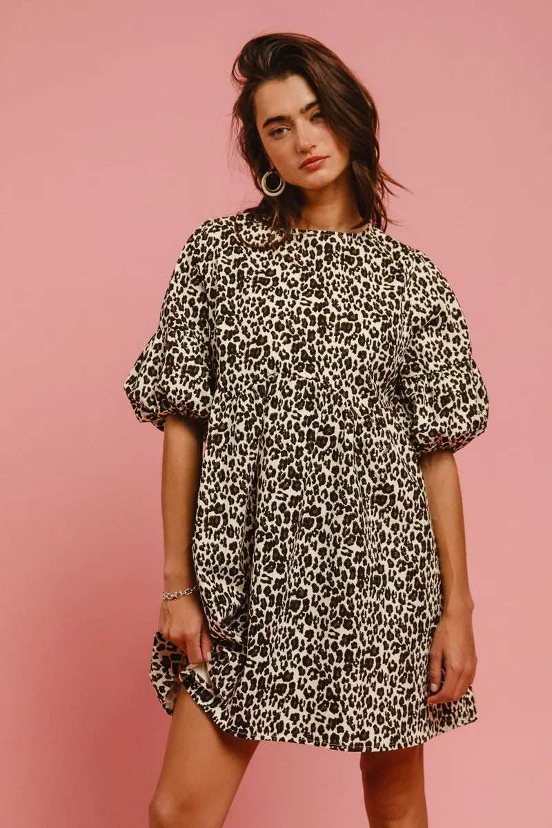 BiBi Leopard Denim Dress With Back Contrast Tie Detail - Trendsi - Flyclothing LLC