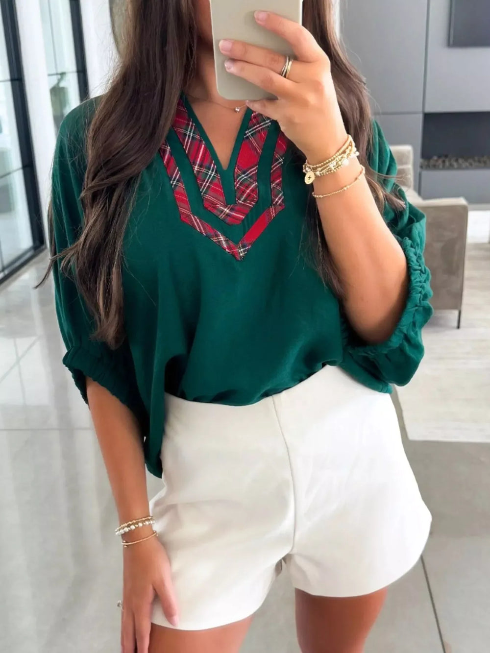 Plaid Trim Half Sleeve Blouse - Trendsi - Flyclothing LLC