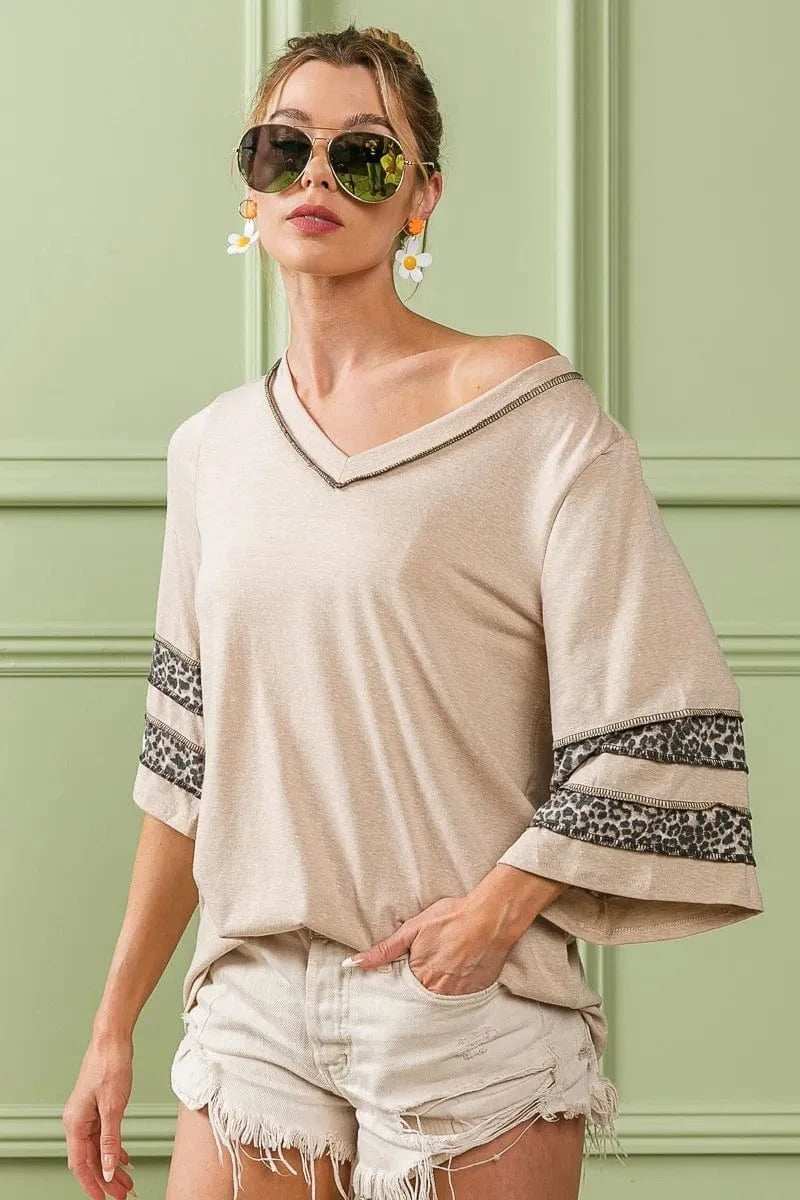 BiBi Triblend Knit Top with Leopard Band Detail - Trendsi - Flyclothing LLC