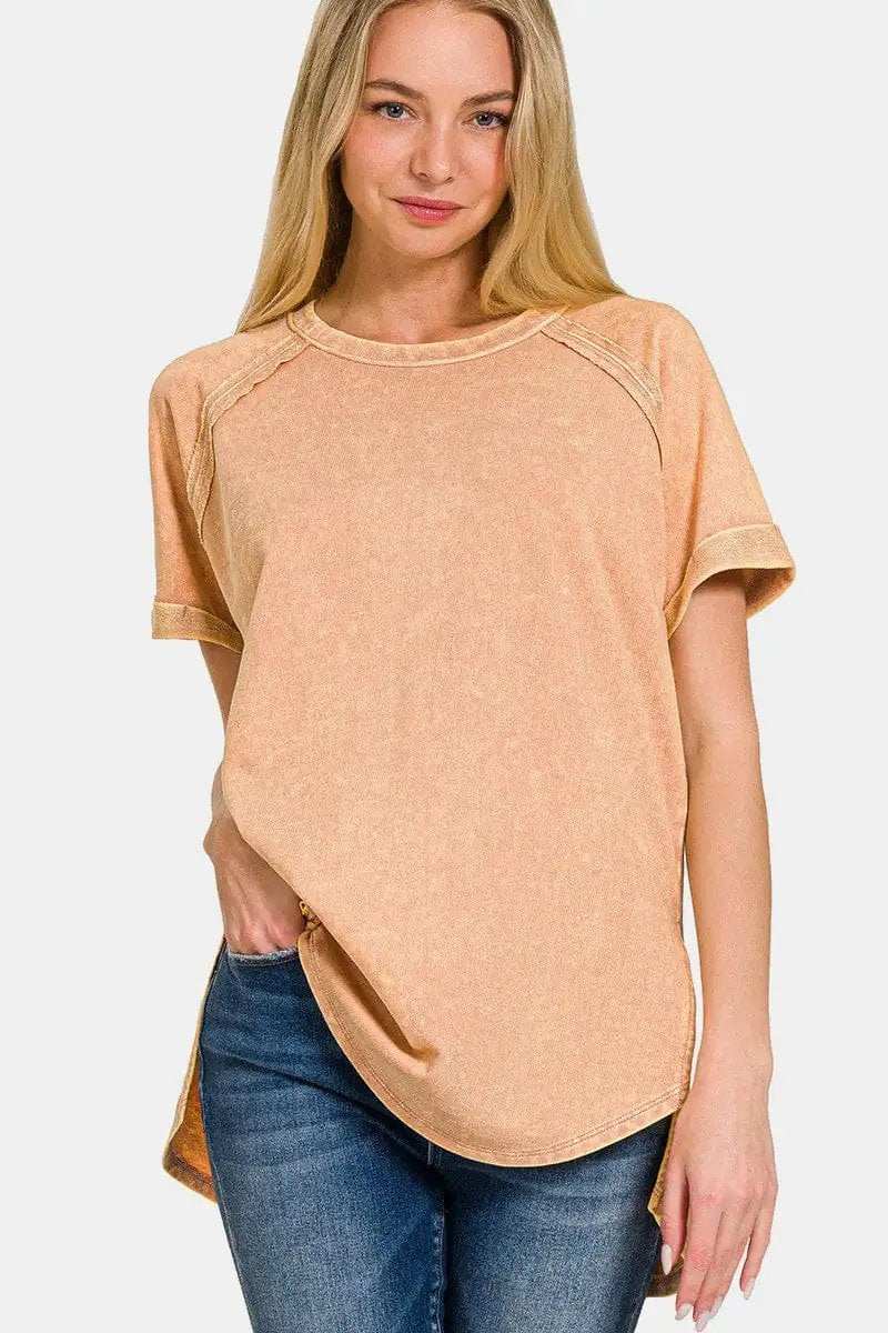 Zenana Heathered Round Neck Short Sleeve Top - Trendsi - Flyclothing LLC