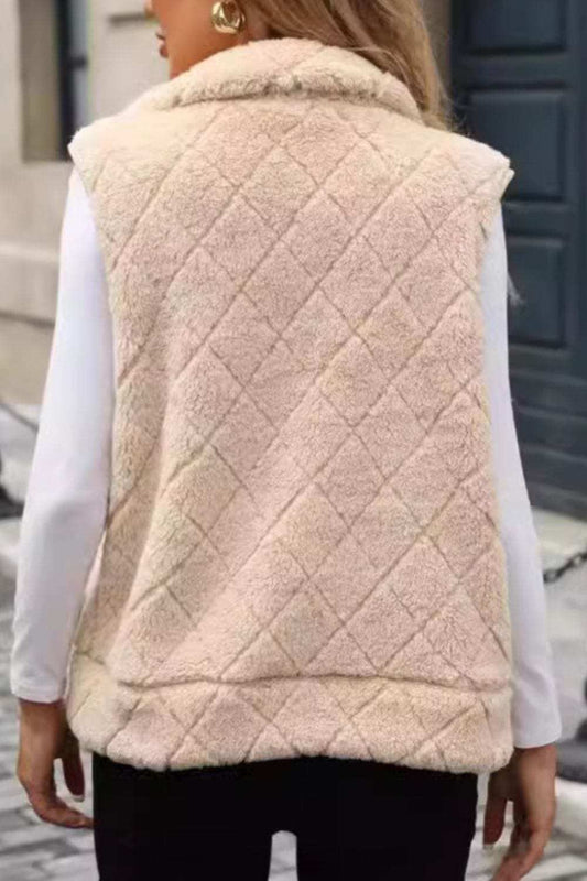 Fuzzy Plaid Texture Zip Up Vest Coat - Trendsi - Flyclothing LLC