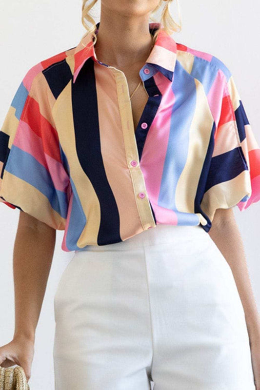 Color Block Button Up Balloon Sleeve Shirt - Trendsi - Flyclothing LLC