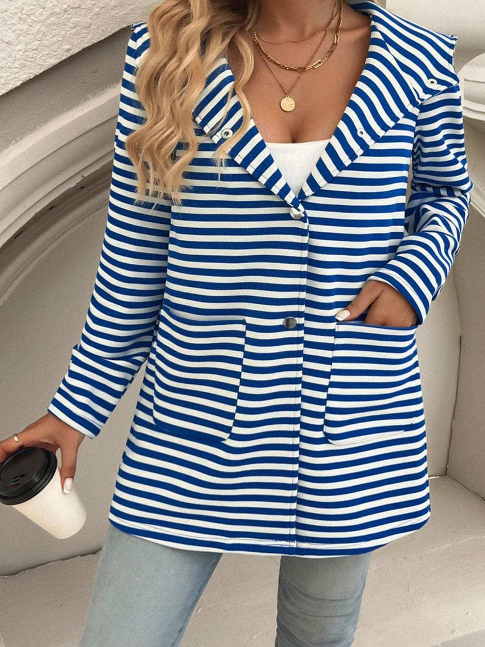 Devine Striped Long Sleeve Hooded Outerwear - Trendsi - Flyclothing LLC