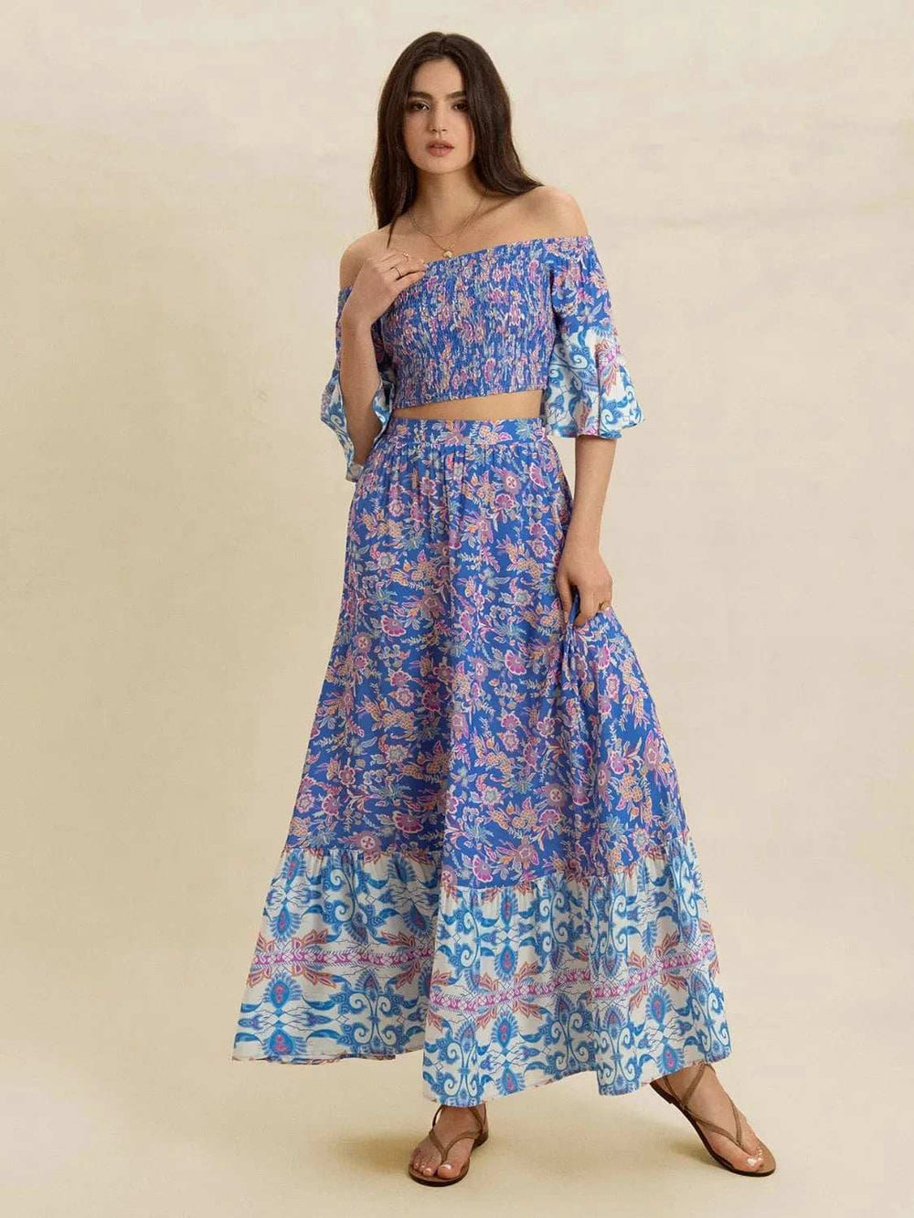 Smocked Off-Shoulder Printed Top and Skirt Set - Trendsi - Flyclothing LLC