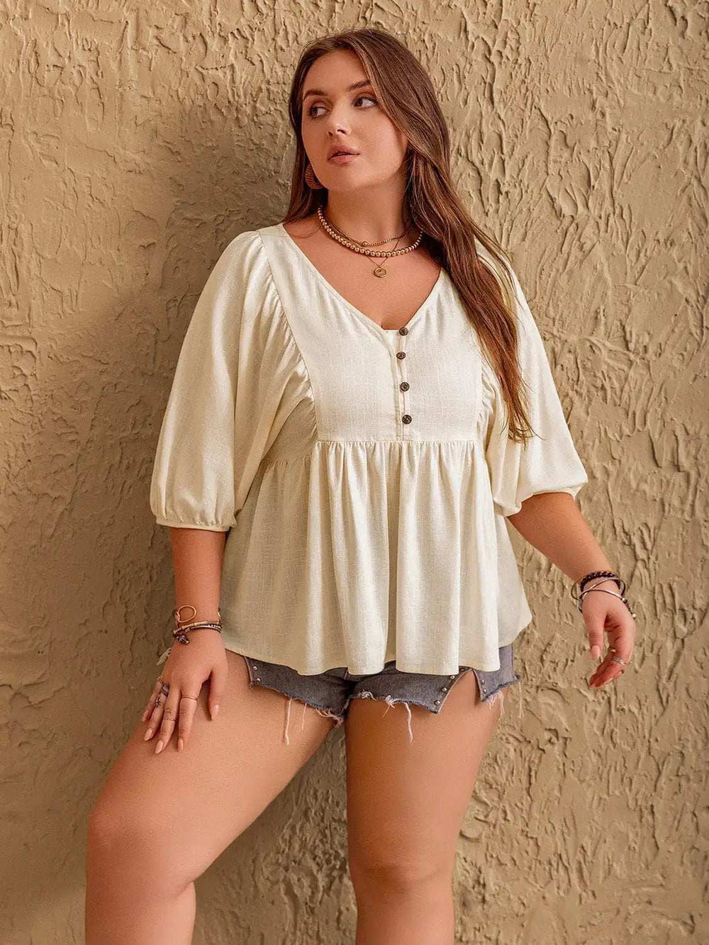 Plus Size Peplum V-Neck Half Sleeve Blouse - Trendsi - Flyclothing LLC