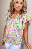 Abstract Printed Ruffled Short Sleeve Notched Neck Blouse - Trendsi - Flyclothing LLC