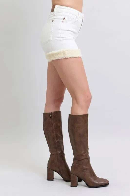 Judy Blue Full Size High Waist Shearling Cuff Denim Shorts Plus Size - Trendsi - Flyclothing LLC