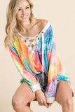 BiBi Tie Dye Deep V-neck Top With Lace Up Front - Trendsi - Flyclothing LLC