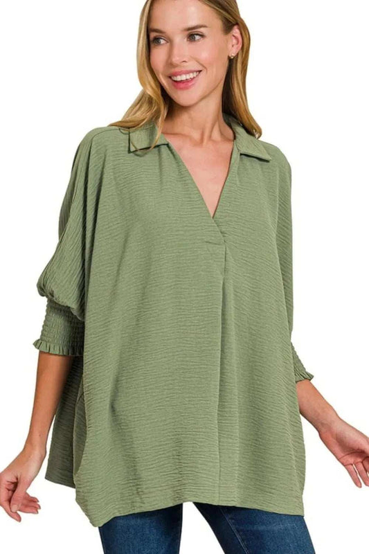 Zenana Airflow Collar Tee with Smocked Sleeve Band Top - Trendsi - Flyclothing LLC