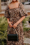 Leopard Square Neck Puff Sleeve Maxi Dress - Trendsi - Flyclothing LLC