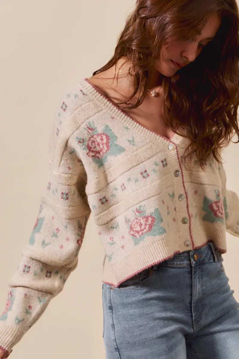 SO ME Floral Pattern Long Sleeve Button Sweater Cardigan - Trendsi - Flyclothing LLC