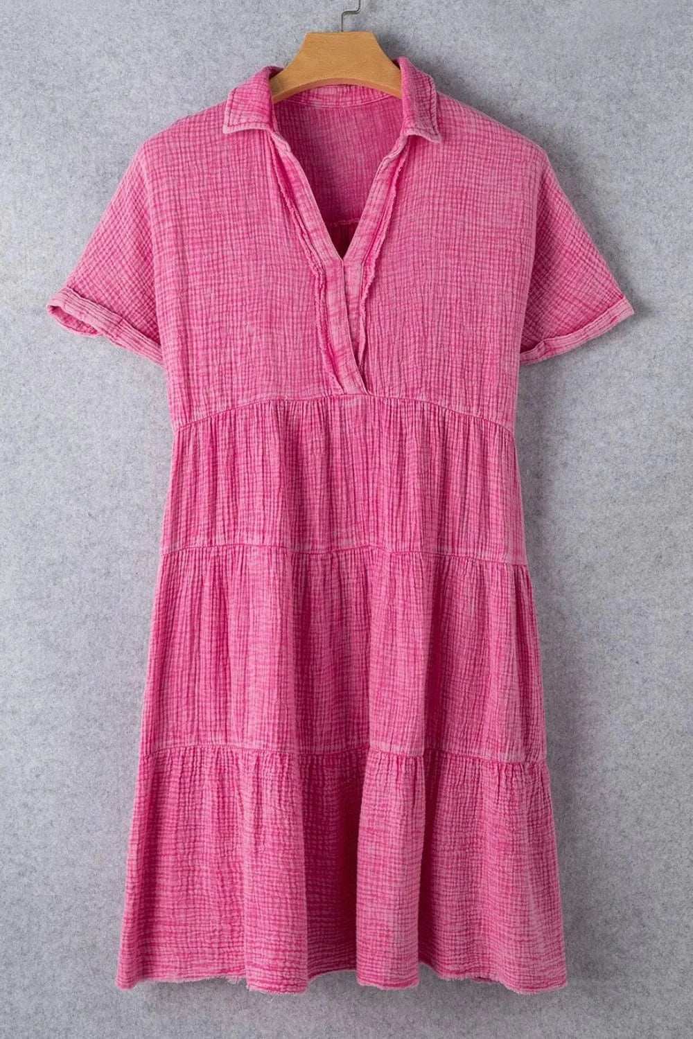 Mineral Wash Crinkle Split Neck Raw Hem Tiered Dress - Trendsi - Flyclothing LLC