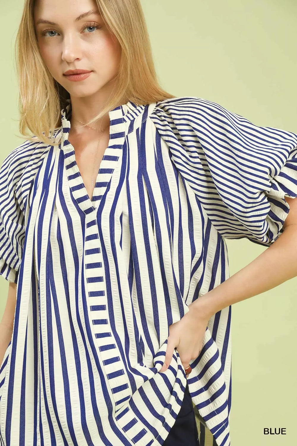 Umgee Striped Notched Top with Short Flutter Sleeves - Trendsi - Flyclothing LLC