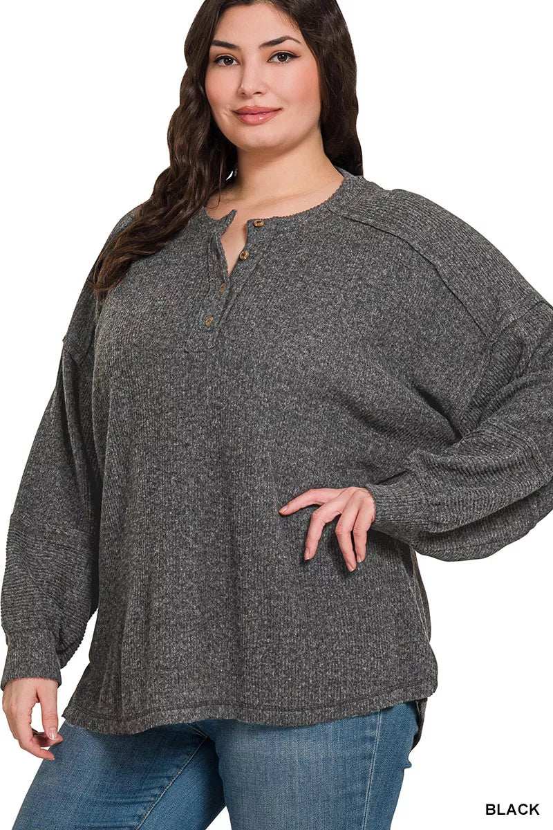Zenana Full Size Ribbed Brushed Hacci Melange Henley Sweater Plus Size - Trendsi - Flyclothing LLC