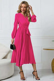 V-Neck Long Sleeve Tie Waist Midi Dress - Trendsi - Flyclothing LLC