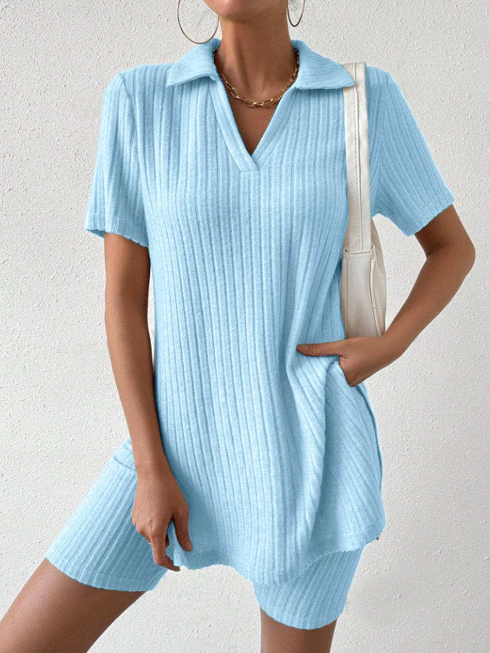 Johnny Collar Short Sleeve Top and Shorts Set - Trendsi - Flyclothing LLC