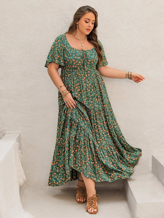 Plus Size Printed Short Sleeve Tiered Maxi Dress - Trendsi - Flyclothing LLC