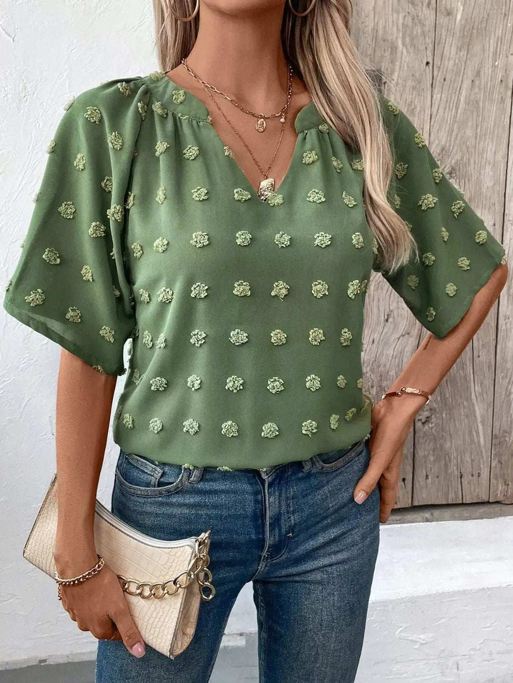 Swiss Dot Notched Half Sleeve Blouse - Trendsi - Flyclothing LLC