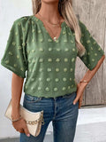 Swiss Dot Notched Half Sleeve Blouse - Trendsi - Flyclothing LLC