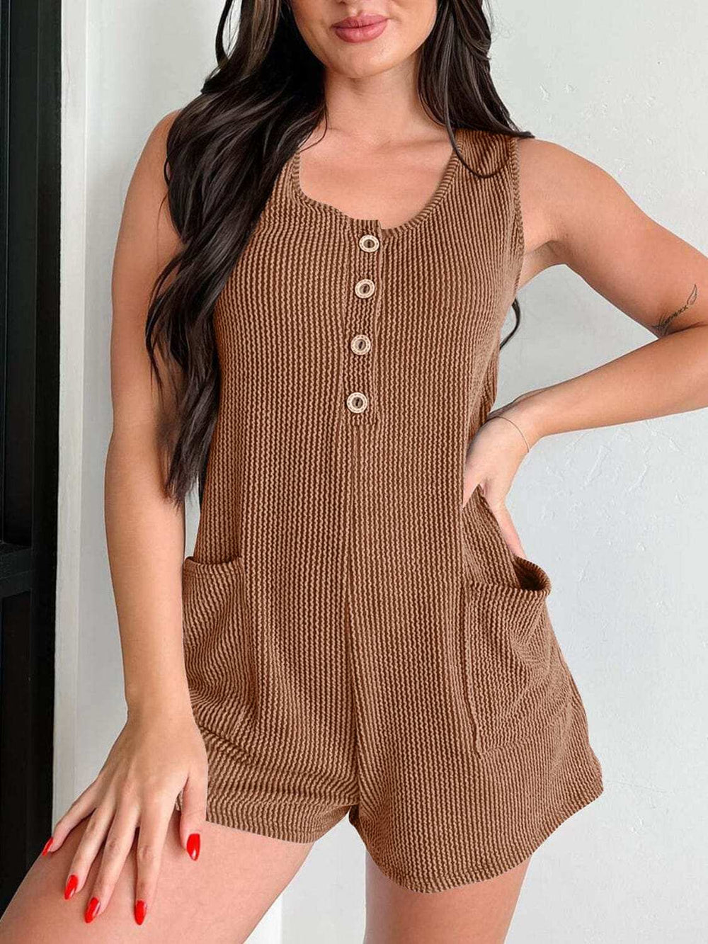 Button Detail Wide Strap Romper - Trendsi - Flyclothing LLC