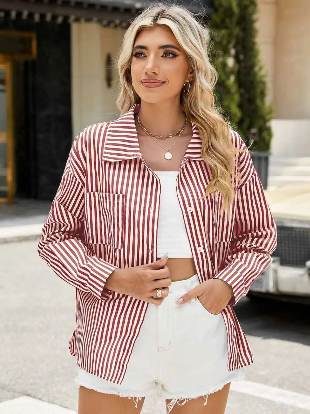 Striped Button Up Long Sleeve Shirt - Trendsi - Flyclothing LLC
