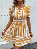 Geometric Notched Short Sleeve Mini Dress - Trendsi - Flyclothing LLC