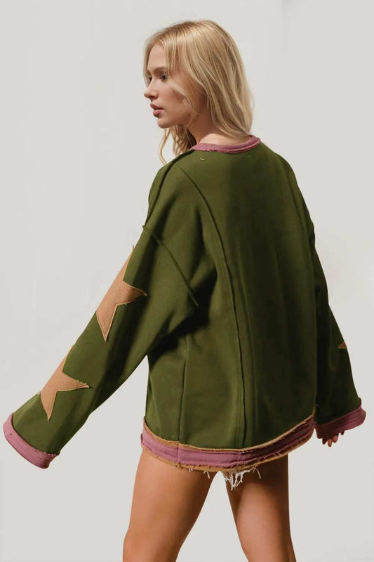 Double Take Star Patched Long Sleeve Sweatshirt - Trendsi - Flyclothing LLC