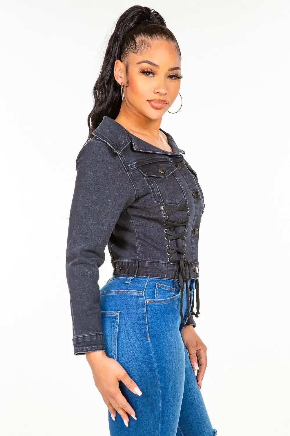 American Bazi Off Shoulder Lace Up Denim Jacket - Trendsi - Flyclothing LLC